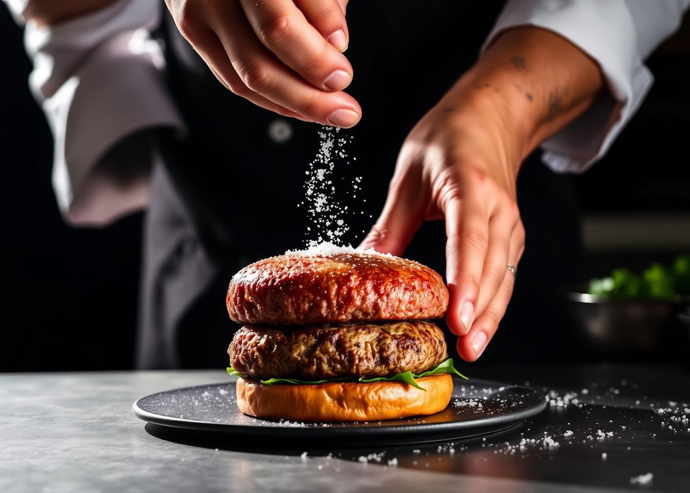 Chef seasoning a burger patty with precision